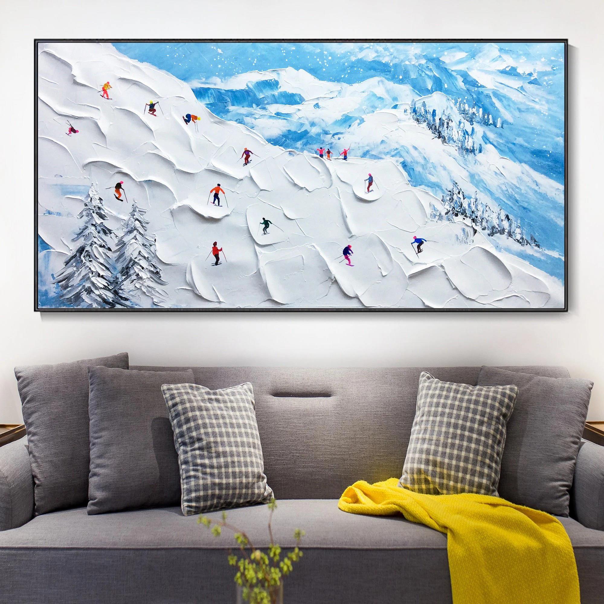 Skifahrer auf Schneebedeckter Berg Wandkunst Sport Weißer Schnee Skifahren Zimmerdekoration von Messer 21 Ölgemälde